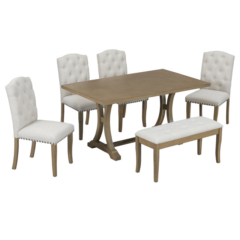TREXM 6-Piece Farmhouse Dining Table Set, Rectangular Trestle Table And 4 Upholstered Chairs & Bench For Dining Room, Natural