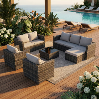 Ensemble de conversation 5 pièces pour canapé modulaire d'extérieur avec fauteuil, table basse et coussin en verre, canapé modulaire, causeuse