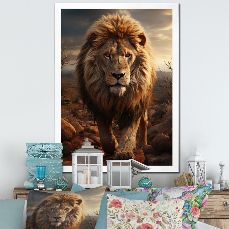 Moniet animal lion à Savan - impression, Toile blanche à cadre unique, H 40 po x l 30 po x P 1,5 po