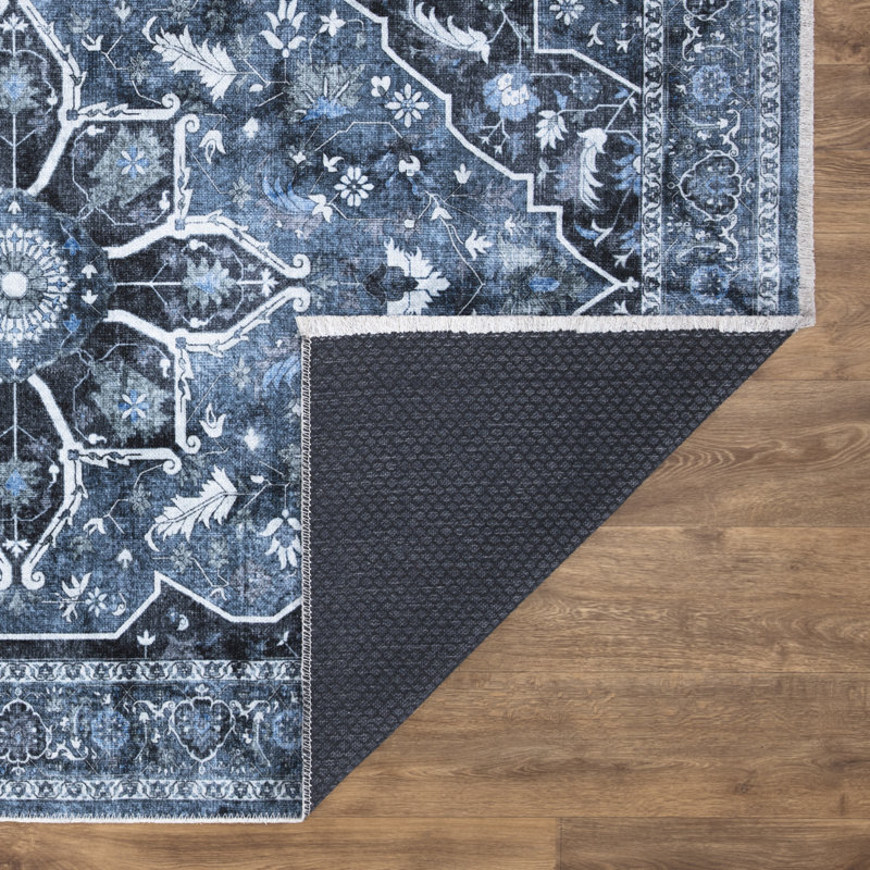 Washable Non-Slip Area Rug - Blue / Charcoal Traditional Oriental Area Rug for Living Room, Bedroom, Dining Room, and Kitchen