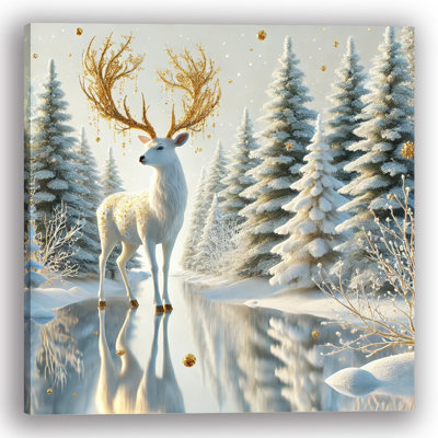 Golden Elegance White Stag in Winter Forest Wrapped Canvas Wall Art