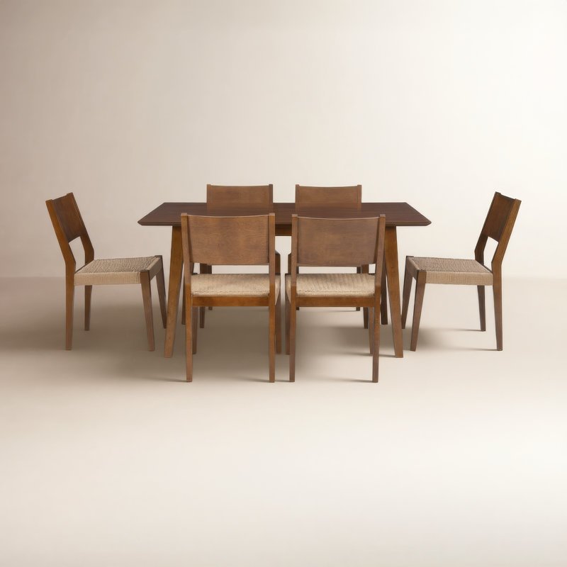 Ensemble de salle à manger en bois massif Aniek, Brun, 7 pièces : table, 6 chaises