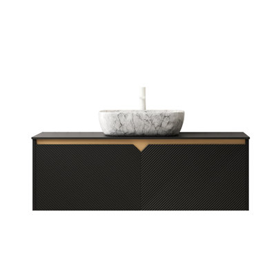 Option de meuble-lavabo profond de 46,64 po Malmesbury, armoires de rangement en contreplaqué, vasque en céramique à motif de marbre, comptoir en pierre frittée noire, portes doubles en sergé avec lavabo à ornements en métal, flottant