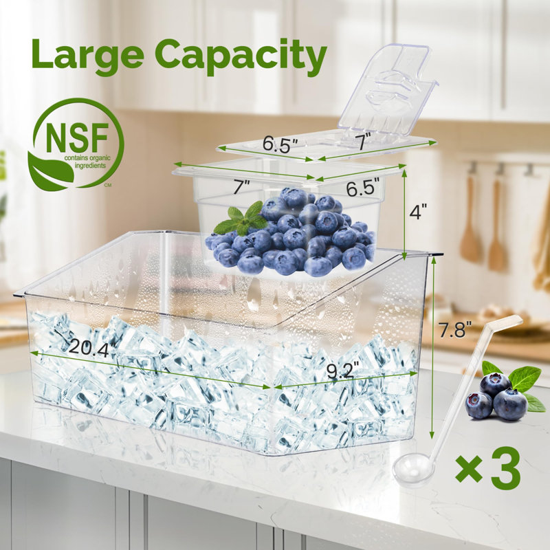Ice Chilled Condiment Server, Condiment Caddy With 3 Polycarbonate Containers, 4" 1/6 Food Pan & Lid
