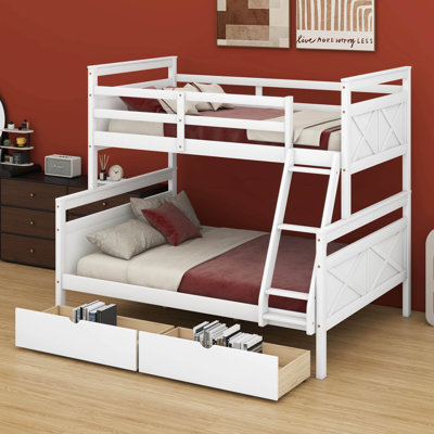 Lit superposé simple au-dessus d'un lit double en bois avec deux tiroirs de rangement, échelle et barrière de sécurité, convertible en 2 lits séparés