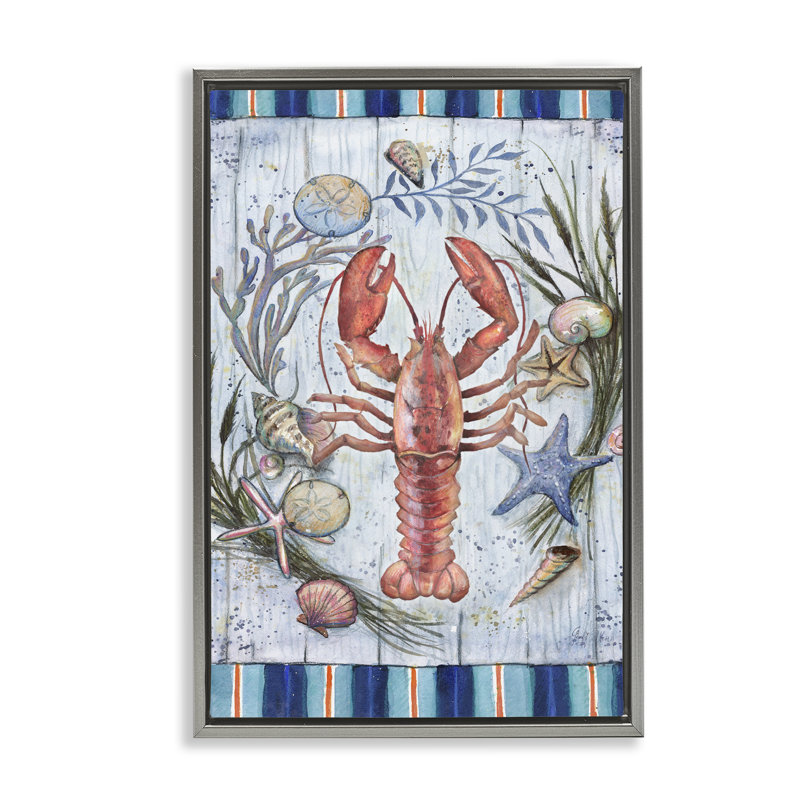 «Coastal Wreath & Lobster» par Geoff Allen, H 25 po x l 17 po, Cadre flottant gris lustré