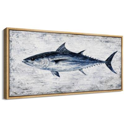 «Blue Tuna Fish Rustic Coastal Nautical Wall Decor Extra Large», reproduction d'art sur toile encadrée