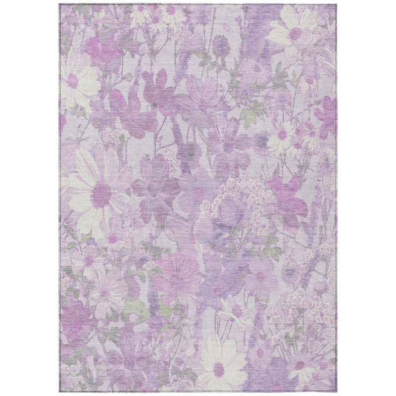 Lavender Floral Rectangular Synthetic Washable Rug 2'6" x 3'10"
