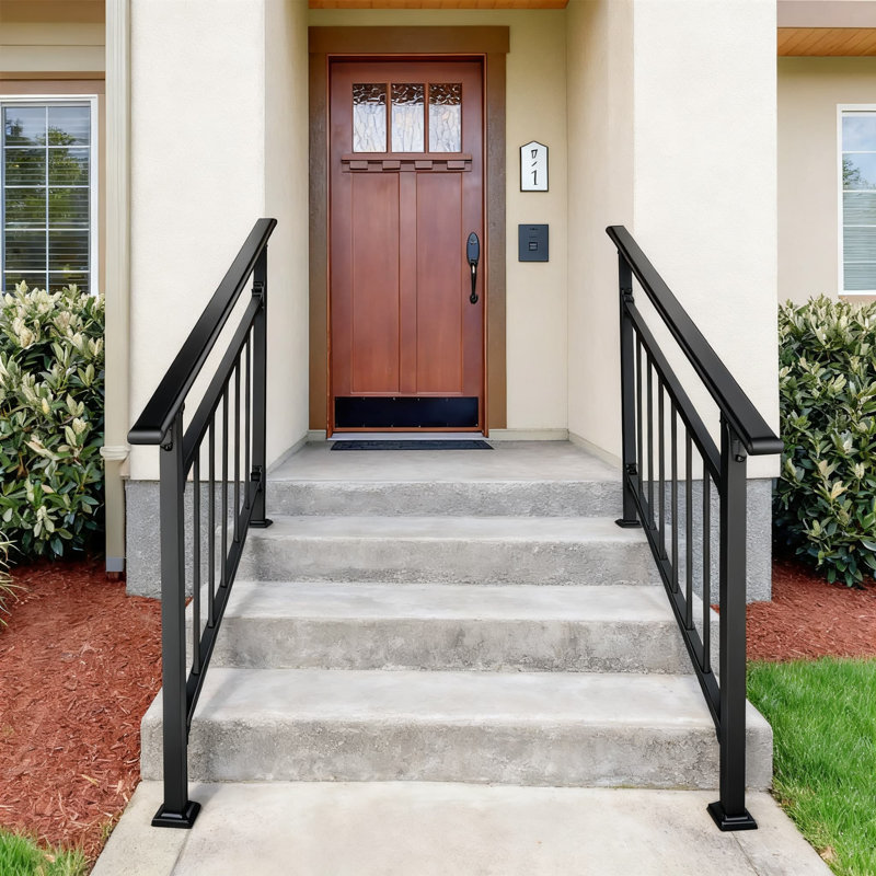 Heavy-Duty Outdoor Stair Handrail For 3-4 Steps, Wrought Iron Safety Railing With Balusters And Installation Kit For Concrete And Wooden Stairs