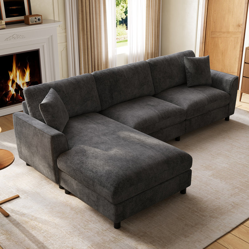 3 Seater Chenille Sofa & Chaise, Grey