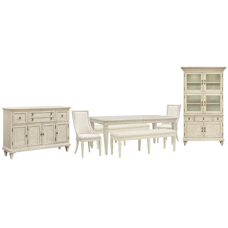 Extendable Rectangular Dining Table With 2 Benches 2 Arm Chairs Buffet And Dining Cabinet
