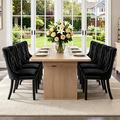 Ensemble table et chaises extensibles de 200 cm pour 8 personnes avec chaises capitonnées en velours, style champêtre, en bois brun, avec base de rangement