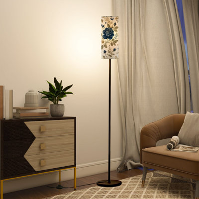  68.5" Standing Floor Lamp Navy Blue Beige Floral Seamless Vintage Botanical Roses Leaves Dimmable Metal Pole Lamp with Linen Lampshade LED Bulb Included