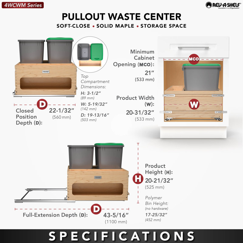 Wood Bottom Mount Pullout Waste/Trash Container With Storage W/ Soft-Close, 8.75 gallons