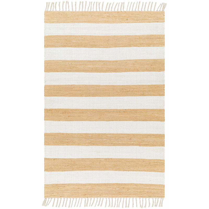 Tapis rayé en coton tissé à plat à la main Andreea - jaune / blanc, Rectangle 6 pi x 9 pi