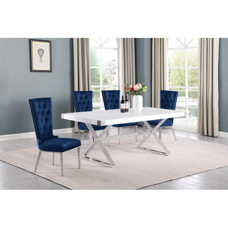 Hitansh Double Pedestal Dining Set, Navy/Silver, 5, Silver