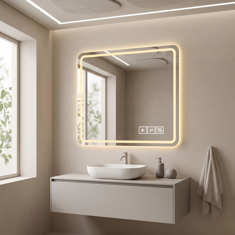 Miroir de salle de bain 36 po x 36 po à DEL à intensité variable avec éclairage tricolore et coins arrondis