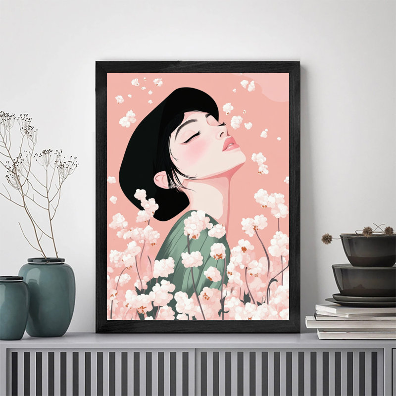 Décoration murale de luxe avec cadre en bois noir et robe verte pour femme, H 11 po x l 9 po