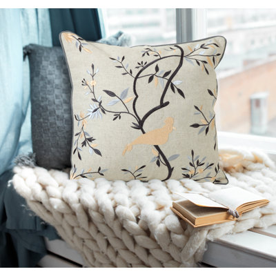  Embroidered Botanical Bird Traditional Throw Pillow