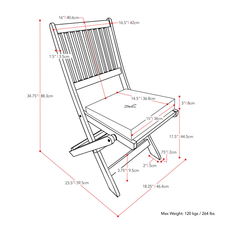Chaise de patio pliante en bois massif avec coussins Gwenda, Blanc/bleu marine