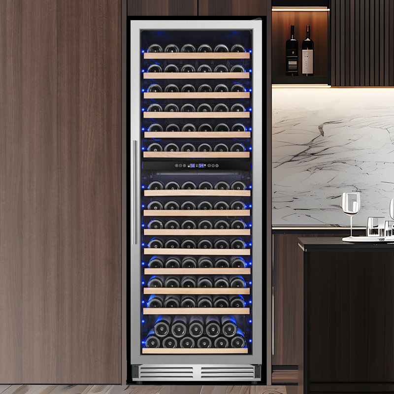 24" Wine Premium Refrigerator 154 Bottle with Two Door Handle Built-in Wine Cooler Dual Zone, Silver
