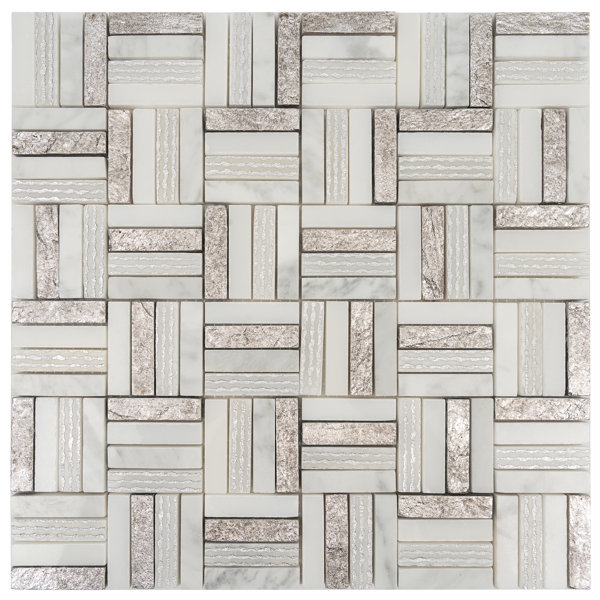 Artisana 12x12 in. Silver White Polished, Textured, Foiled Stone Block Basketweave Mosaic Wall and Floor Tile (4.83 sq ft/case, 5-Pack)