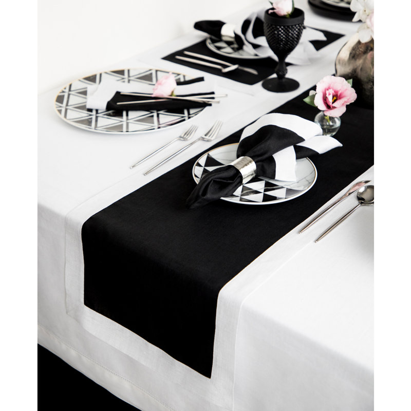 Festive Edge Linen Table Runner, Black/Silver Shimmer Border, 36" x 14"