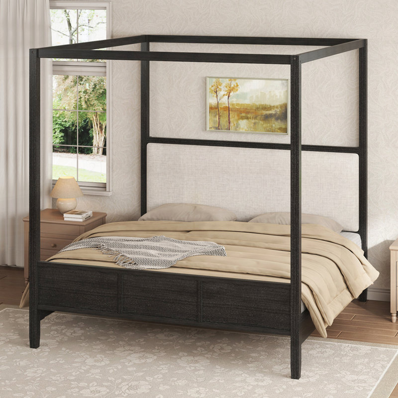 Lit plateforme à baldaquin en bois avec tête de lit tapissier, aucun sommier nécessaire, Black, Queen