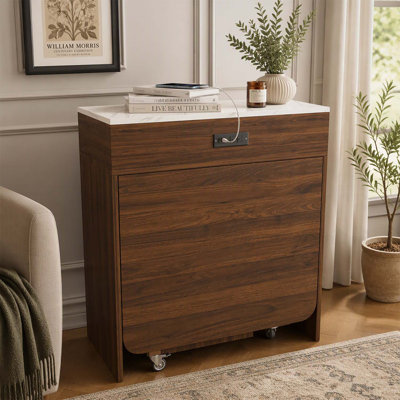 74-inch Extendable Dining Table with Power Socket, Lockable Casters, and Storage Cabinet, Ideal for Small Spaces and Modern Kitchens