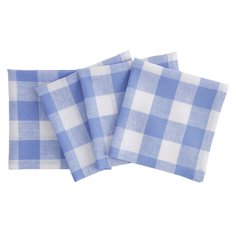 Buffalo Check - 100% Pure Linen Dinner Napkins, Hydrangea Blue