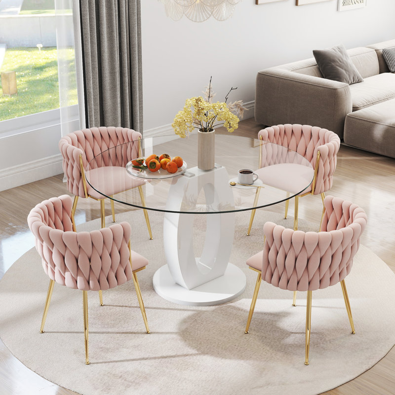 Modern Round Dining Set, Tempered Glass Dining Table with Weavon Velvet Chair for Dining Room and Small Space, Pink/Gold
