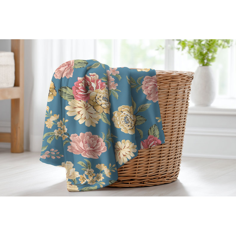 Couverture en velours de molleton Catherine, L 60 po x l 50 po, Motif floral bleu