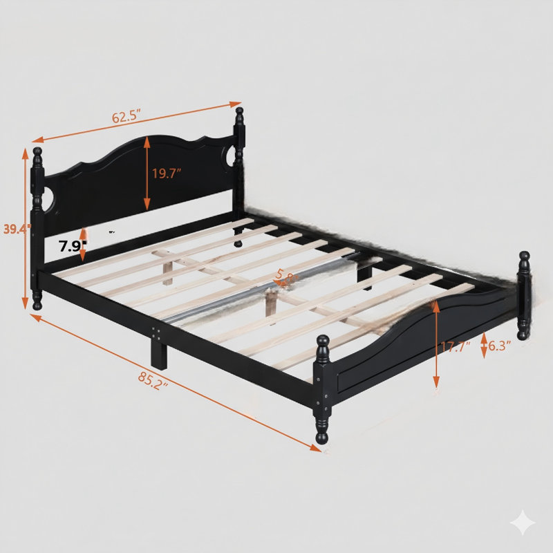Structure de lit plateforme en bois pour grand lit de style rétro, soutenue par des lattes en bois. Finition noire.