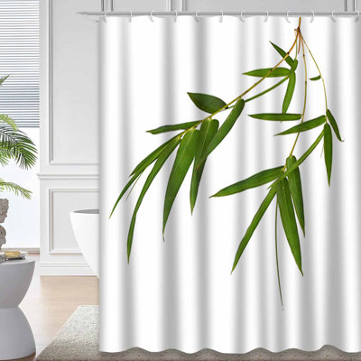 Fresh Bamboo Leaves Water Drop Zen Shower Curtain with 12 Hooks
