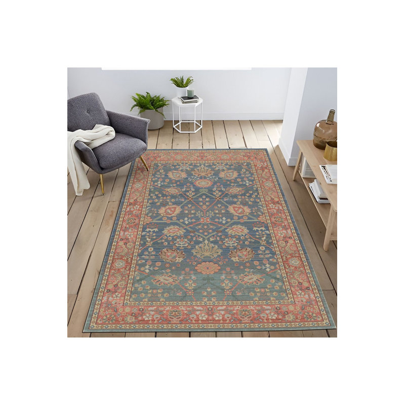 Tapis décoratif bleu à motif floral traditionnel lavable à la machine, Sous-tapis rectangulaire de 3 pi 3 po x 4 pi 11 po