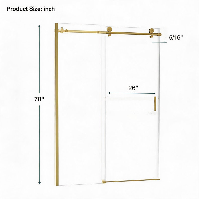 Porte de douche coulissante simple en verre trempé doré de 122 cm x 193 cm avec cadre en acier inoxydable 304