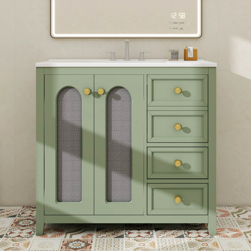 Meuble-lavabo 36 po avec deux portes à fermeture en douceur, tablettes et tiroirs réglables, Vert
