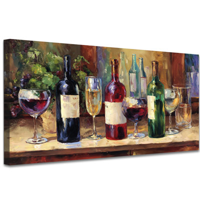 Farmhouse Duppstadt - Wine Bottles Rustic Canvas Pictures Wall Decor for Dining Room Wrapped Gallery Print Pine Frame, 16×32 inches