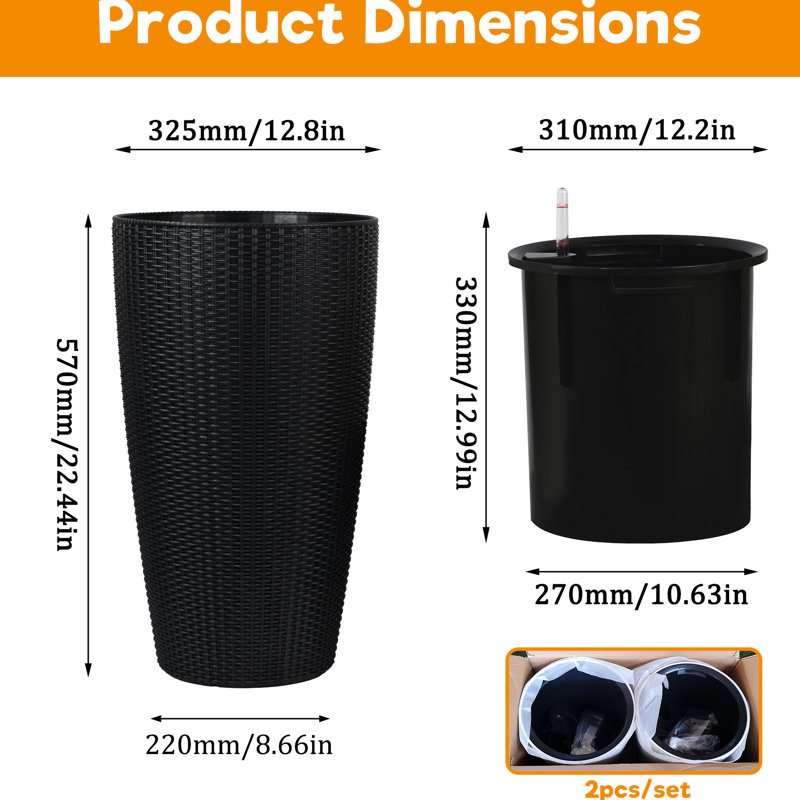 Tall Faux Planters In - Large Outdoor Indoor Pots With Water Level Monitor And Automatic Watering, For Garden, Patio, Backyard 22 Inch Black Of 2 Watering Monitor, Suitable Gardens, Porch