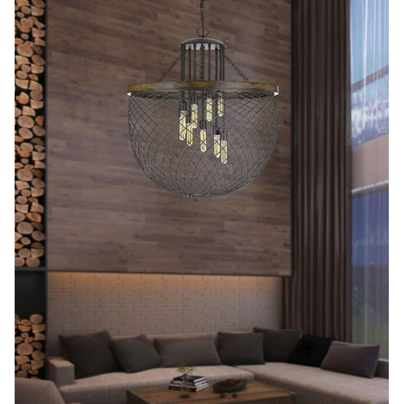 Lustre 9 lumières Marion avec finition bronze et bois H 44,25 po