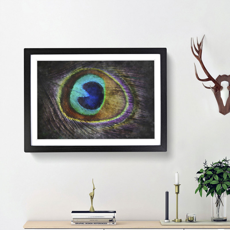 Delicate Peacock Feather - Picture Frame Graphic Art Print, 45cm H x 63cm W x 2cm D, Black Framed