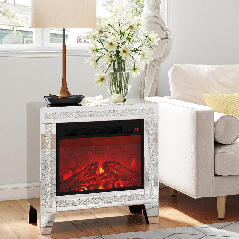 Mirrored Side Tabel With Fireplace, Fashion 24.4"*13.77" End Table With Artificial Diamond Nightstand Coffee Table For Living Room