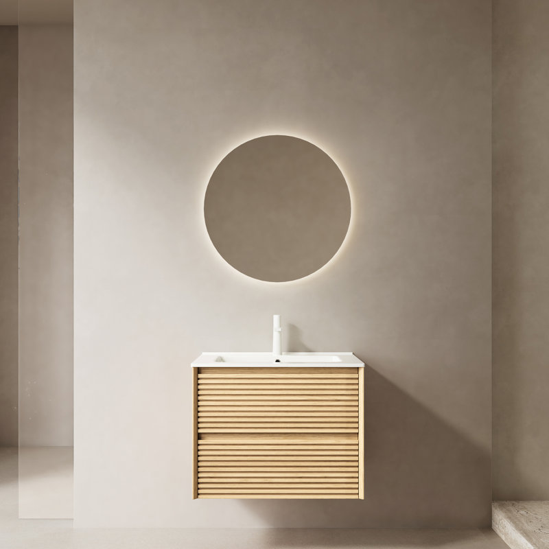 Armoire de salle de bain 24 po avec lavabo en céramique, contreplaqué, couleur chêne, tiroirs, armoire de contreplaqué de meuble-lavabo à installation en douceur, cuve blanche, chaleur, méthode simple et d'assemblage