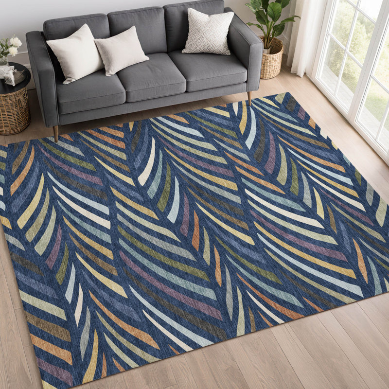 Tapis mid-century moderne lavable à la machine intérieur / extérieur Chantille ACN2475, Marine, 5 pi x 7 pi 6 po