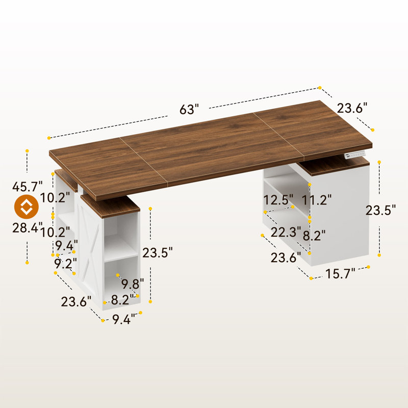 Bureau assis-debout électrique Beatriz 63" style ferme avec étagères de rangement, hauteur réglable, noyer blanc