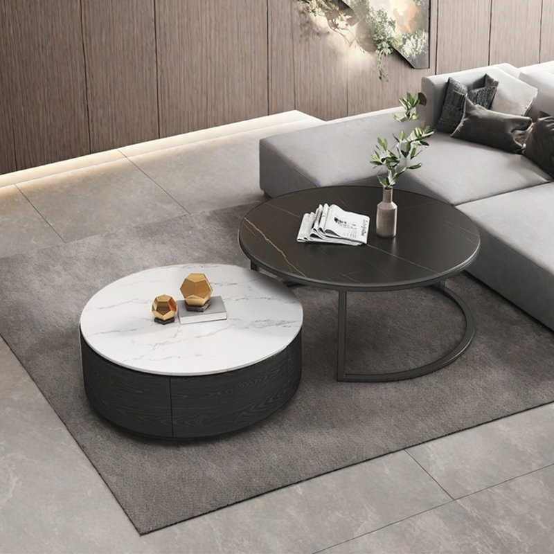 Round rock slab coffee table combination, Black/White