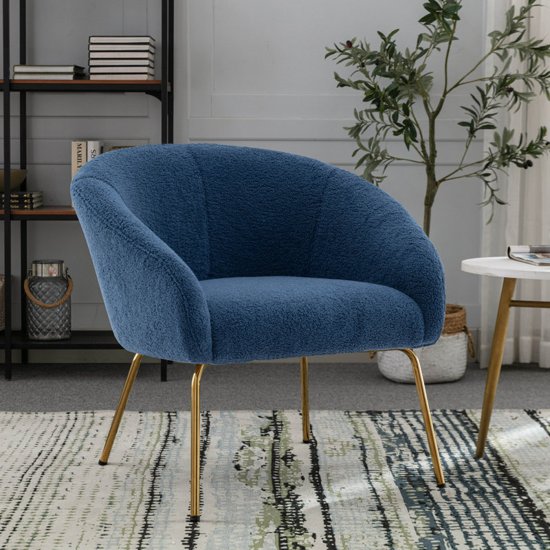 Fabric Upholstered Accent Chair with Gold Chrome Legs, Blue Polyester Blend