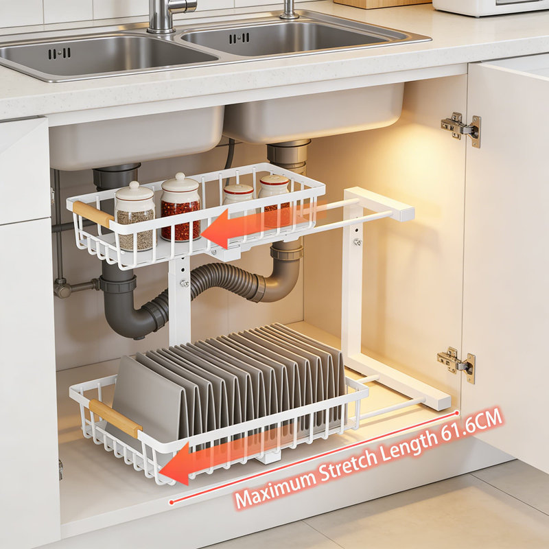 Organisateur à 2 niveaux coulissant sous l'évier, étagère de rangement réglable en métal pour armoires de cuisine, salle de bain et salle de lavage, conception coulissante peu encombrante