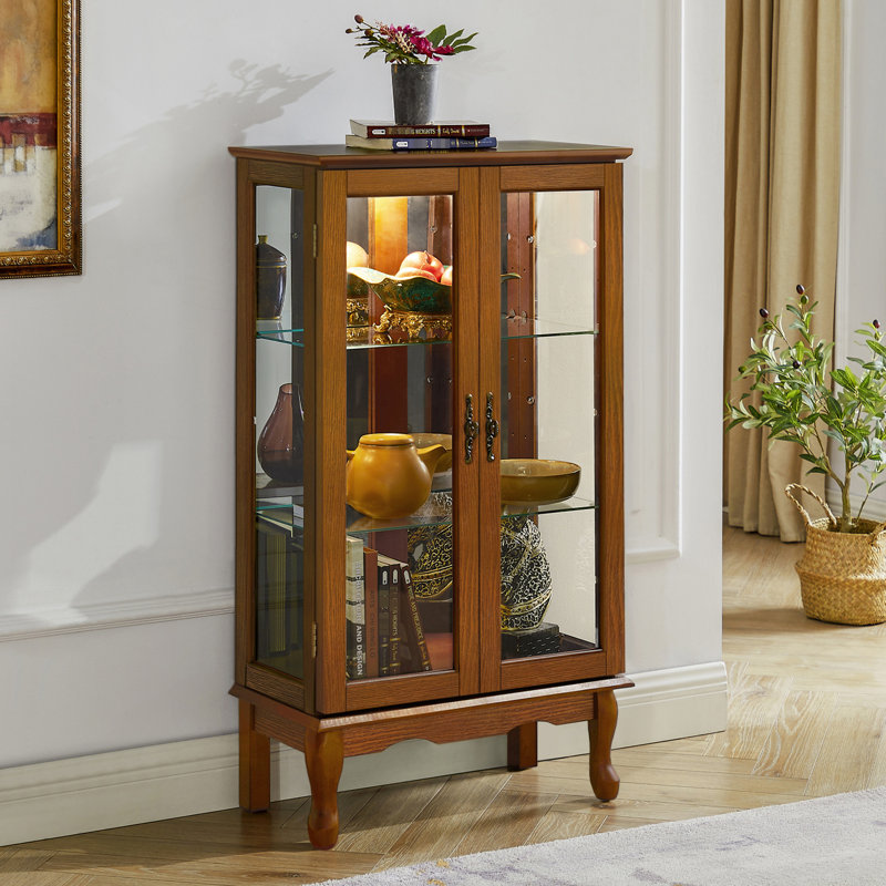 Floor Mounted Curio Cabinet In Oak With Mirrored Back And Versatile Storage Oak, Tempered Glass, Oak