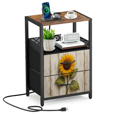 Table de chevet 2 tiroirs en tissu avec station de charge Table de chevet en bois jaune rustique floral
